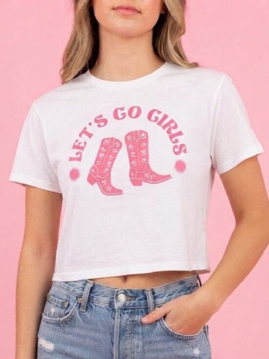 Rebel Sugar Tops - 🍂 White Crop Tee with Pink 'Let's Go Girls' Boots